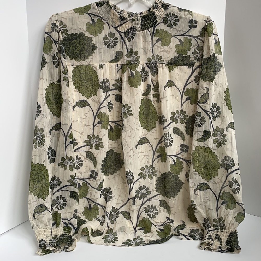 Zac & Rachel smocked neck & cuff lined floral metallic thread blouse medium
